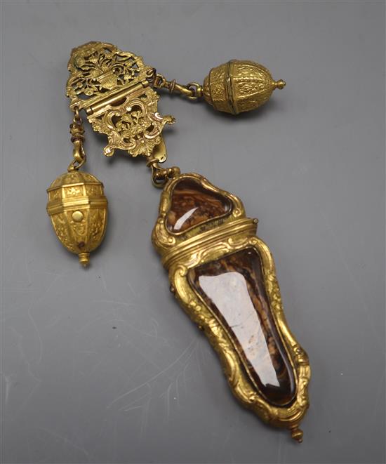 An 18th century English neo-classical gilt metal chatelaine, with cappuccino agate etui and two thimble cases